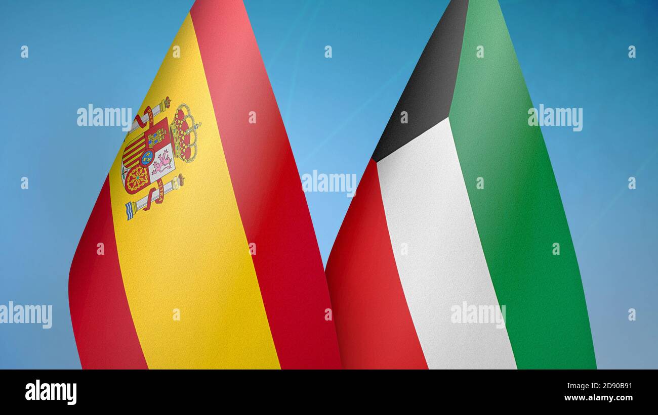 Spanien und Kuwait zwei Flaggen Stockfoto
