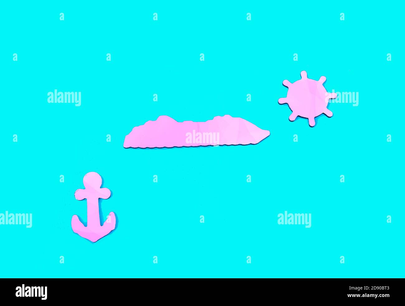 Farbenfrohes Kreuzfahrtschiff-Konzept. Ich liebe und vermisse Kreuzfahrt. Symbole der Kreuzfahrt Stockfoto