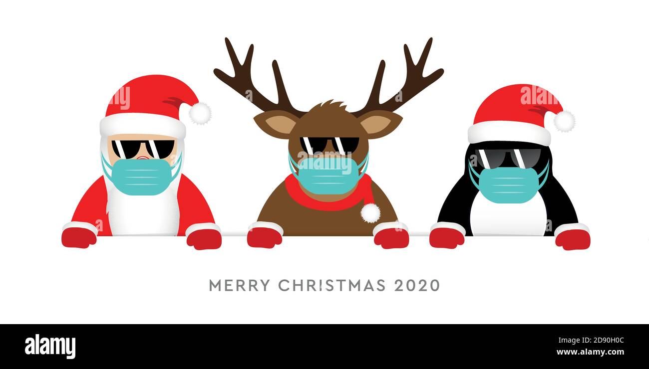 corona Virus weihnachten 2020 Design mit niedlichen Hirsch weihnachtsmann Und Pinguin Cartoon Vektor Illustration EPS10 Stock Vektor