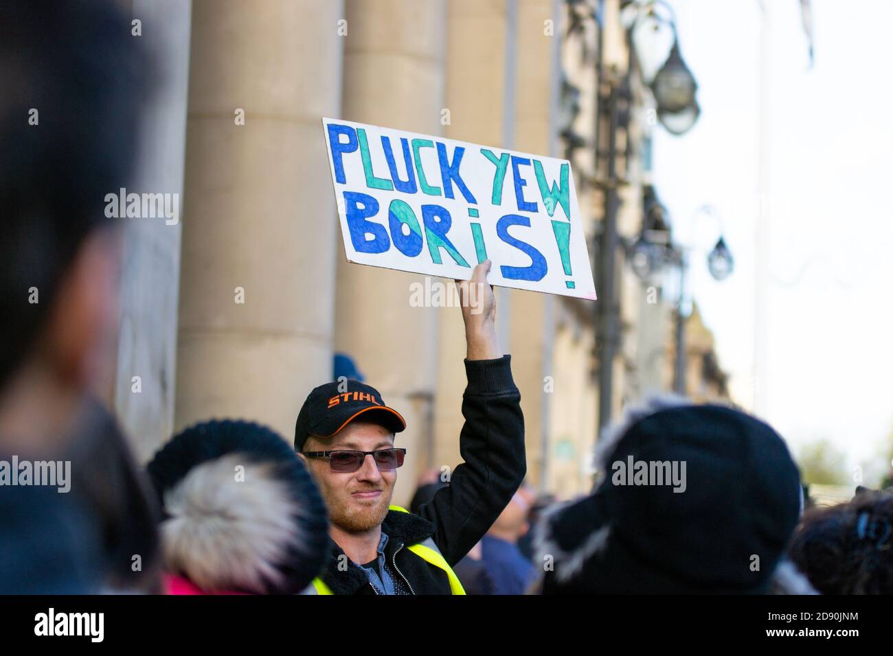'Puck, Yew Boris!' melden Sie sich bei der Freedom Rally in Birmingham am 31. Oktober an, da Boris Johnson eine einmonatige nationale Sperre ankündigt Stockfoto
