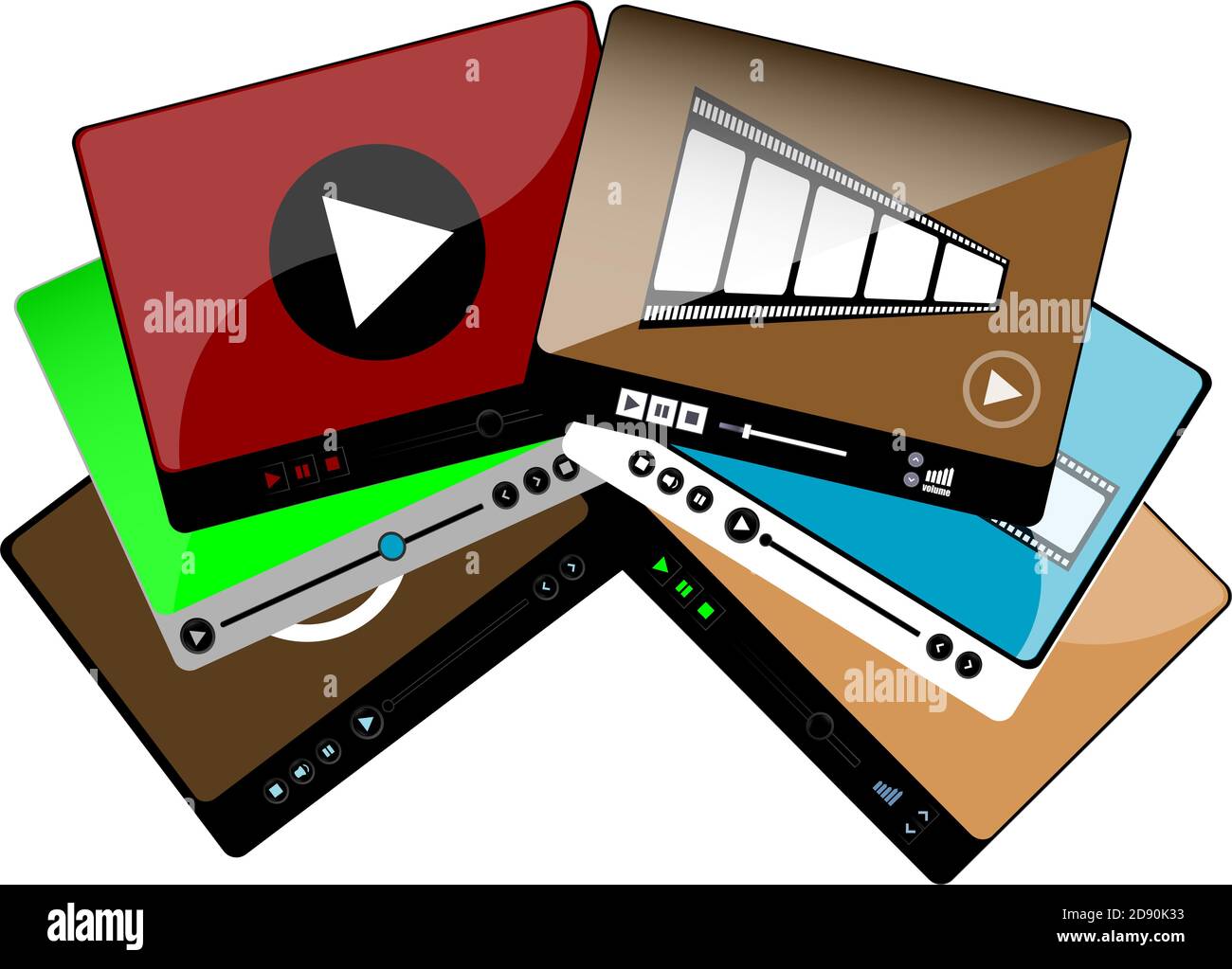Moderner Videoplayer in flachem Stil. Vorlage für die Videoplayer-Schnittstelle für Web- und mobile Apps. Mediaplayer eingestellt. Stockfoto