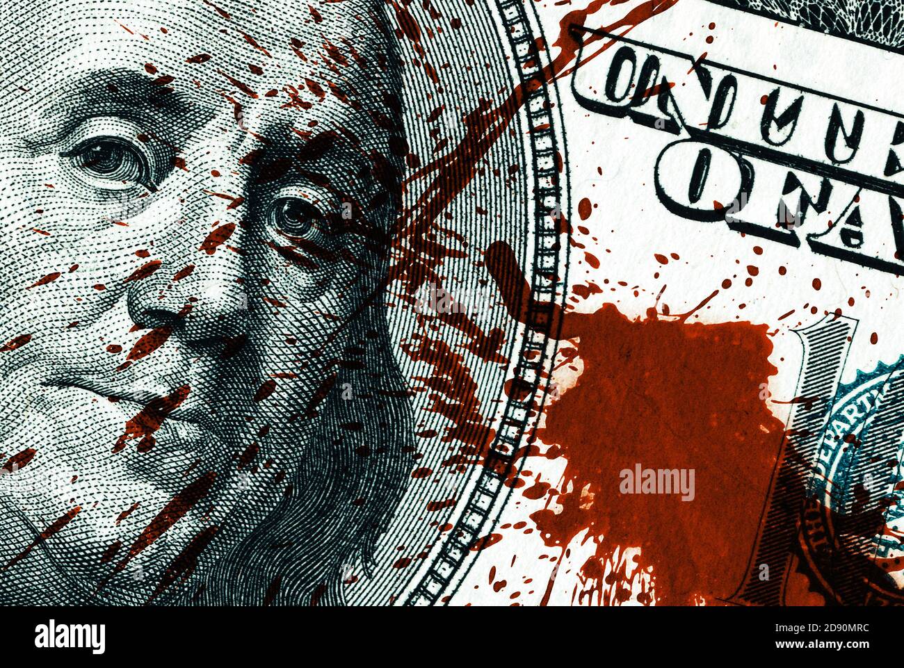 Blutgeld Konzept. Fragment eines 100-Dollar-Scheines mit Blutflecken Stockfoto