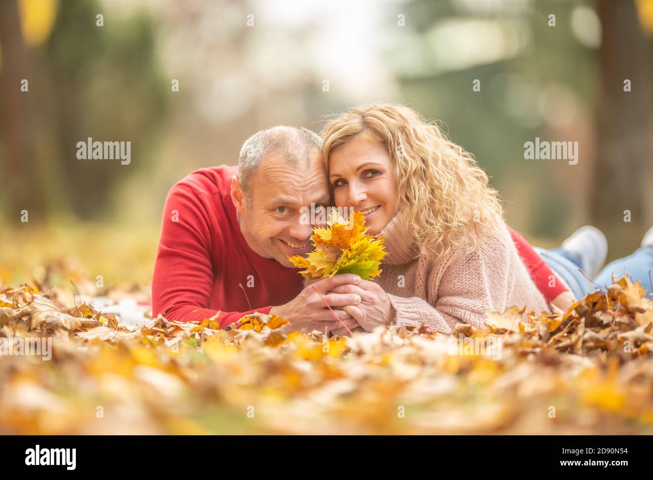 Das Paar liegt auf herbstlichen Herbstblättern, lächelt, pflückt sie und hält sie in den Händen. Stockfoto