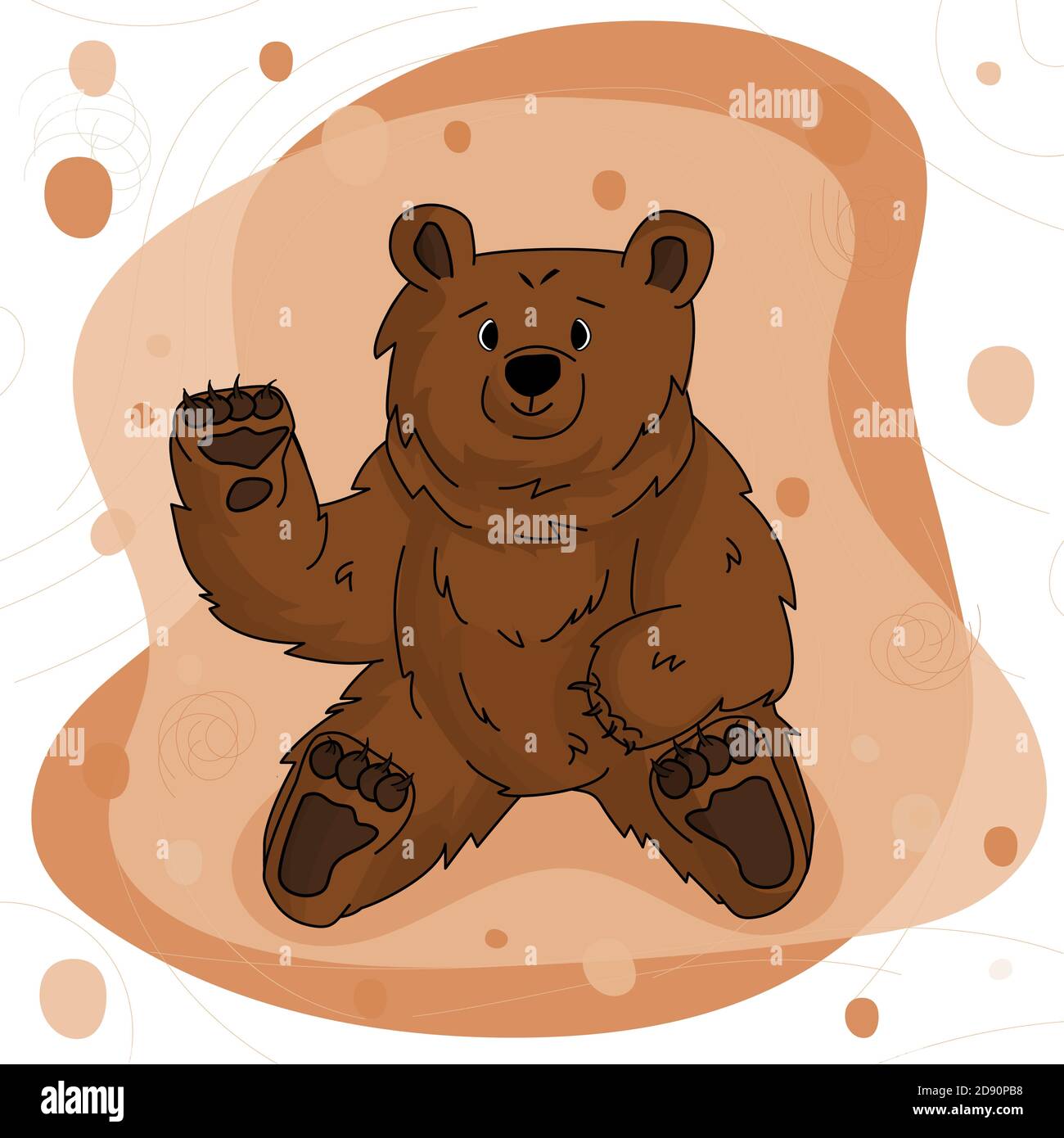 Hand gezeichnet niedlich glücklich Bär Grizzly winkt Hand und Sitzt auf braun rosa Hintergrund Stock Vektor