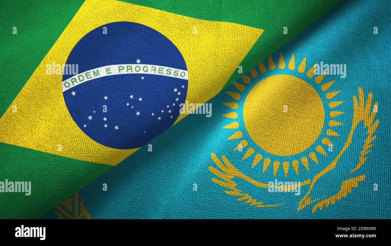 Kasachstan und Brasilien zwei Flaggen Textil Stoff Textur Stockfoto