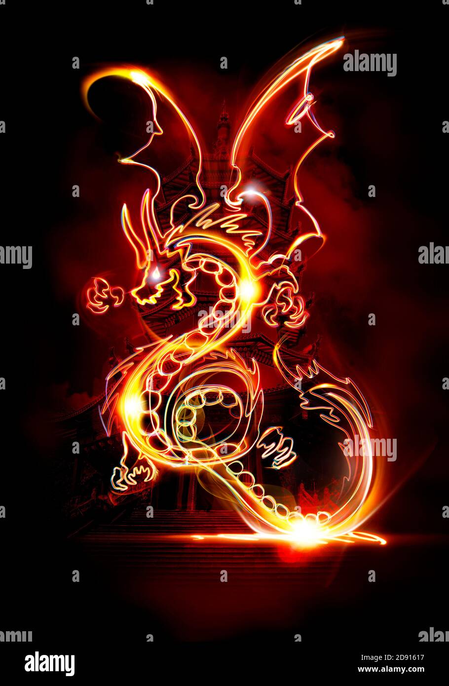 Drachen gezeichnet in digitaler Lichtmalerei mit abstraktem Hintergrund Stockfoto