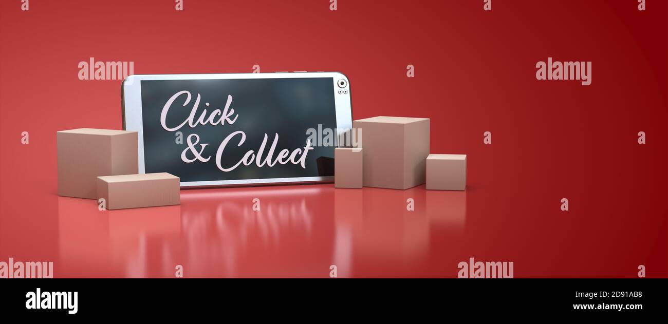 Telefon mit Karton und klicken und sammeln Inschrift 3D-Rendering Stockfoto