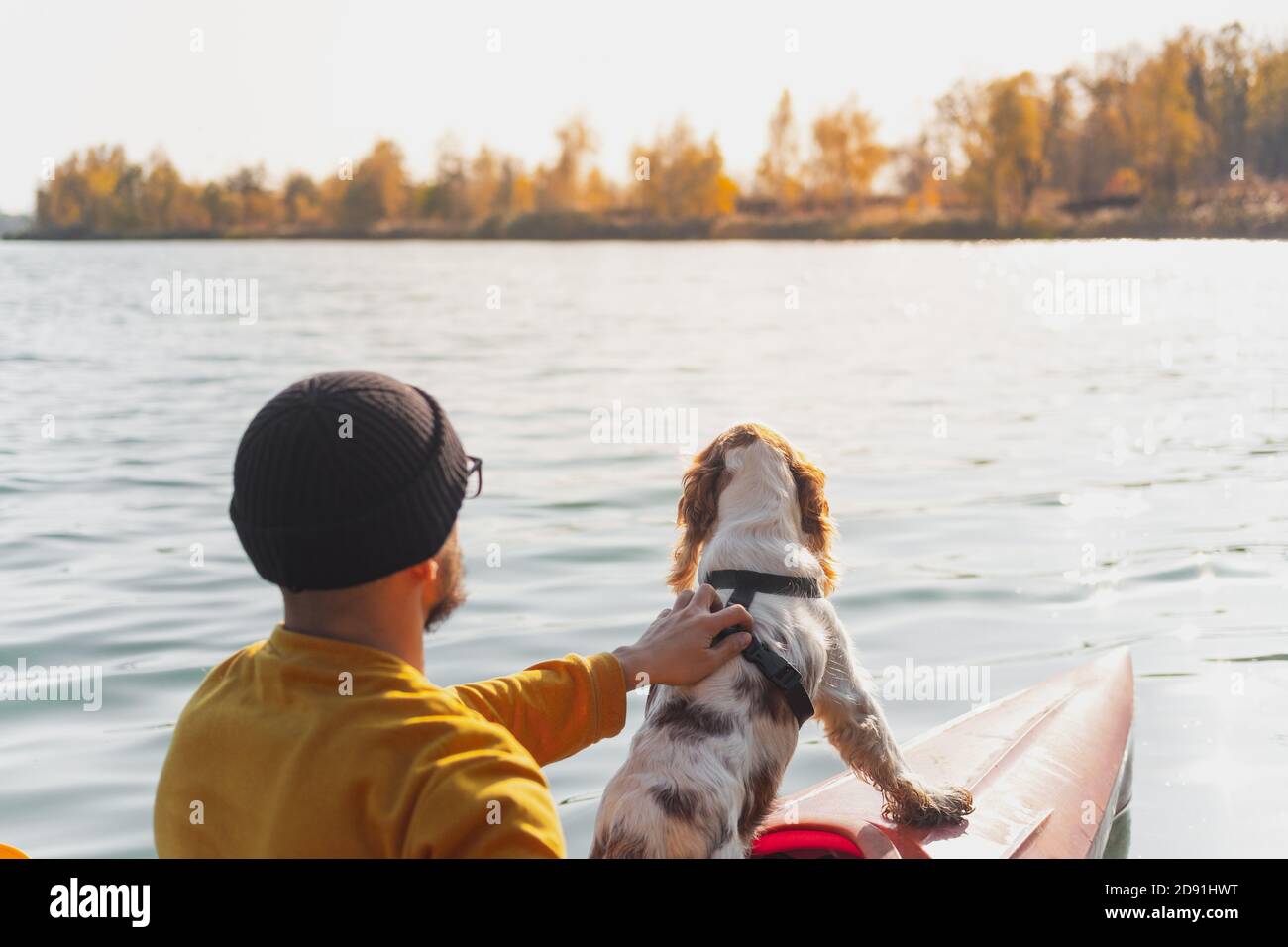 Kajakfahren mit Hunden: Der Mann sitzt in einem Ruderboot auf dem See neben seinem Spaniel. Aktive Erholung und Abenteuer mit Haustieren, Kanu fahren mit Hund Stockfoto