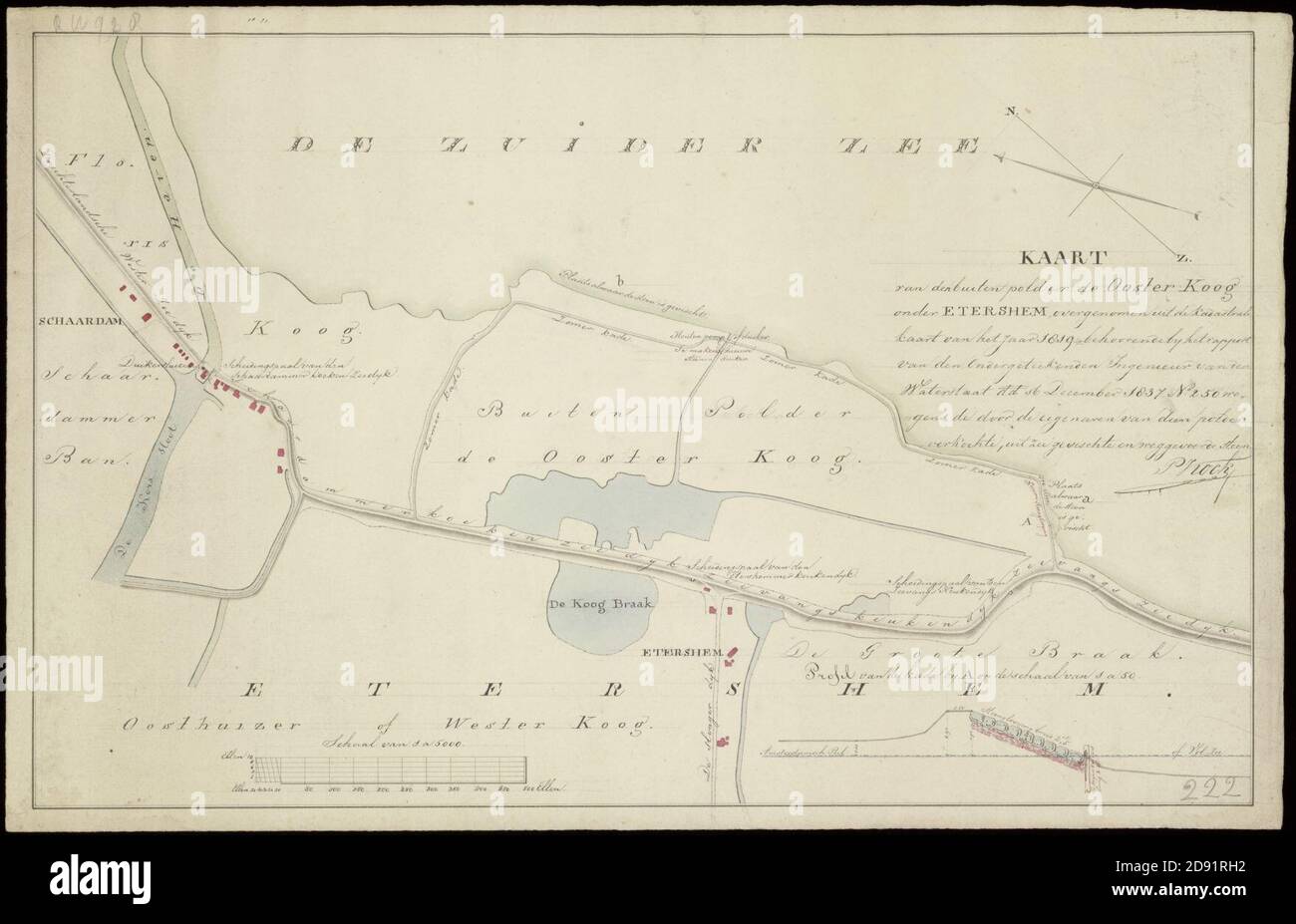 Kaart van den buitenpolder de Oosterkoog. Overname van de kadastrale kaart van 1819 wegens de door de eigenaren van dien polder kochte, uit zee gevischte en weggevoerde steen. In kleur me, Stockfoto