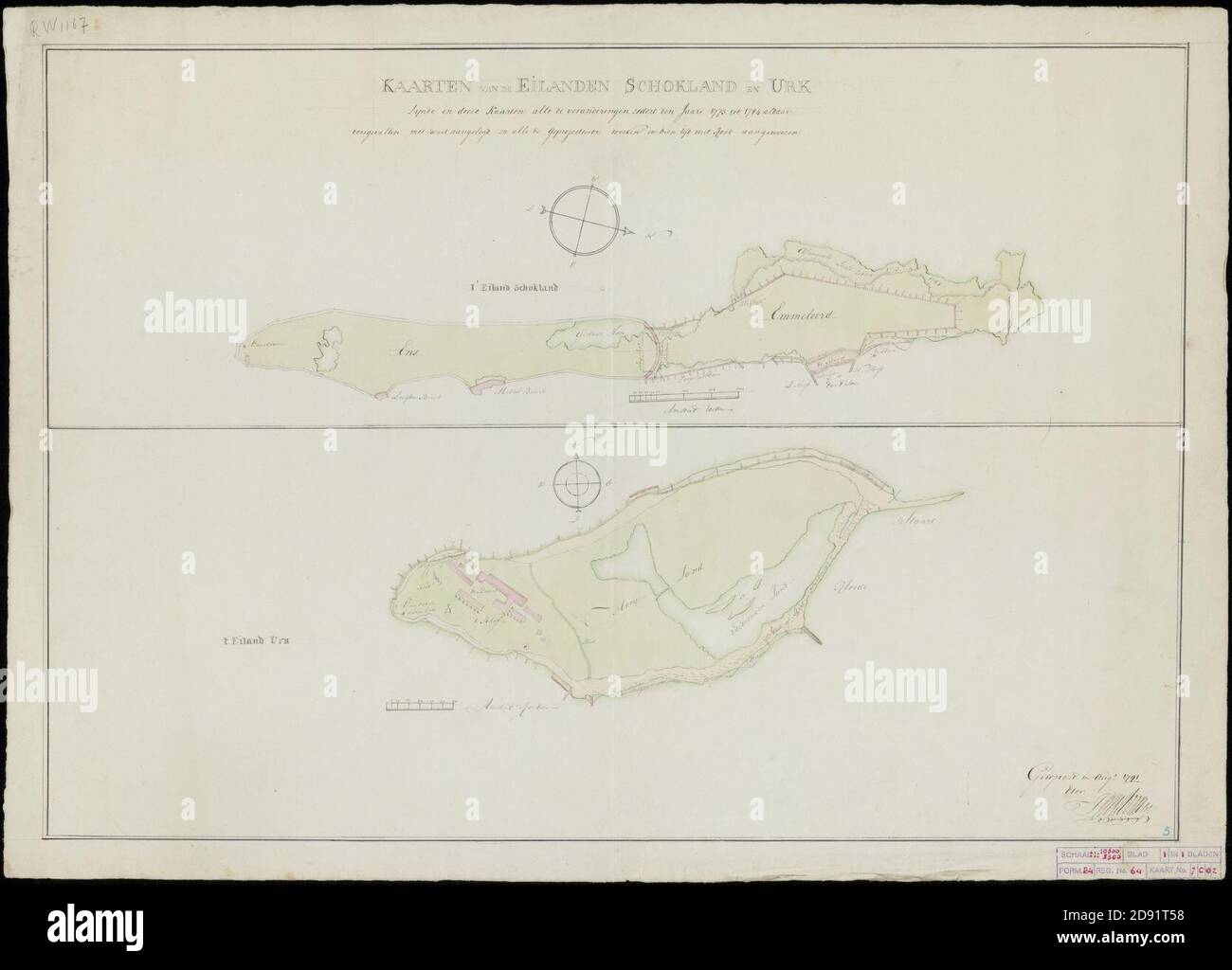 Kaarten van de eilanden Schokland en Urk Kaartbeeld 1784. (.) Zijnde in deese kaarten alle de veranderingen zedert den jaare 1773 tot 1784 aldaar voorgevallen met zwart aangelegt en alle d, Stockfoto
