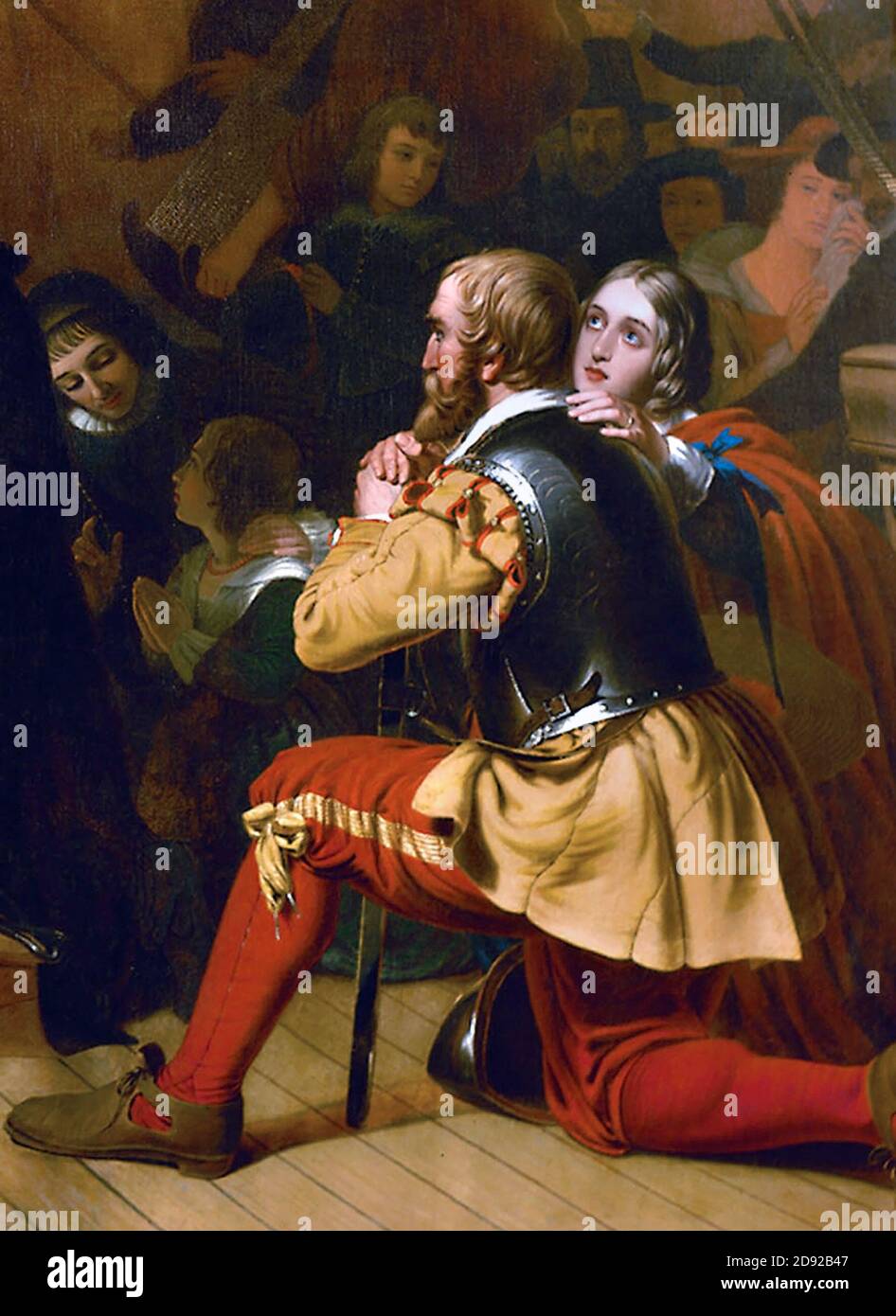 Myles Standish (c. 1584-1656) mit seiner Frau Rose. Ausschnitt aus einem Gemälde mit dem Titel Embarkation der Pilger, von Robert W. Weir, 1844. Standish war ein englischer Militäroffizier, der von den Pilgern als Militärberater für Plymouth Colony eingestellt wurde. Er begleitete sie auf der Mayflower-Reise und spielte von Anfang an eine führende Rolle bei der Verwaltung und Verteidigung der Plymouth Colony. Stockfoto