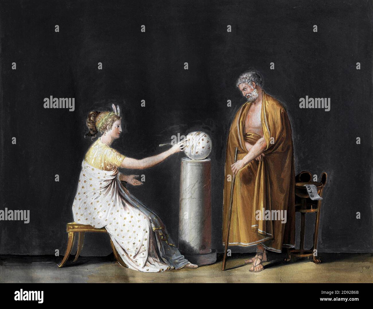 Thales von Milet (c. 624/623-c. 548/545 v. Chr.), ein griechischer Mathematiker, Astronom und Philosoph. Gemälde mit dem Titel 'Urania, die Muse der Astronomie enthüllt Thales die Geheimnisse des Himmels' von Antonio Canova, Tempera, 1798/1799 Stockfoto