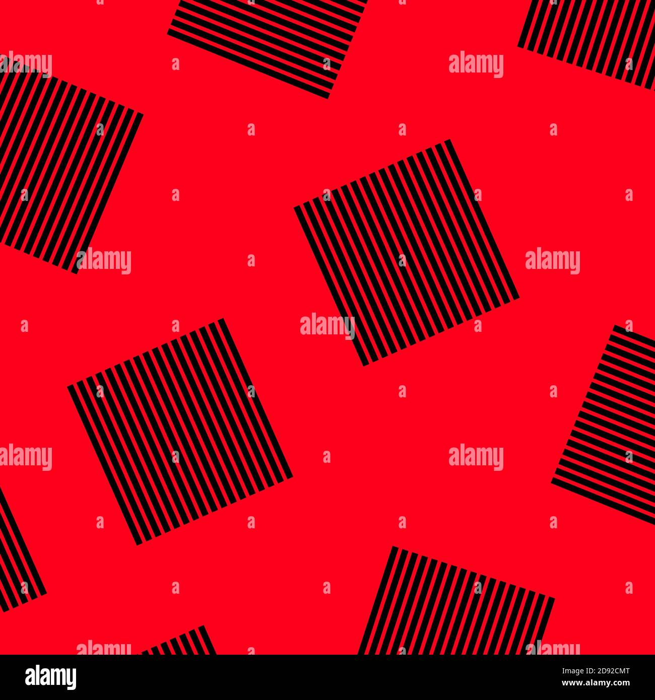 Abstrakter roter Hintergrund mit schwarzen Quadraten. Geometrische Figuren. Minimalistischer Retro-Style, Pop-Art Stockfoto