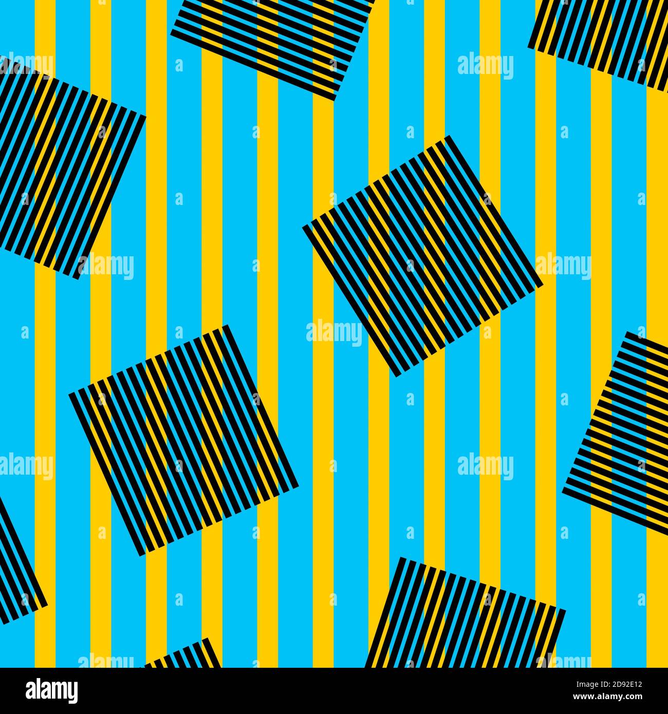 Geometrische farbige Formen. Gelbe und blaue Linien mit schwarzen Quadraten. Minimalistischer Retro-Style, Pop-Art Stockfoto
