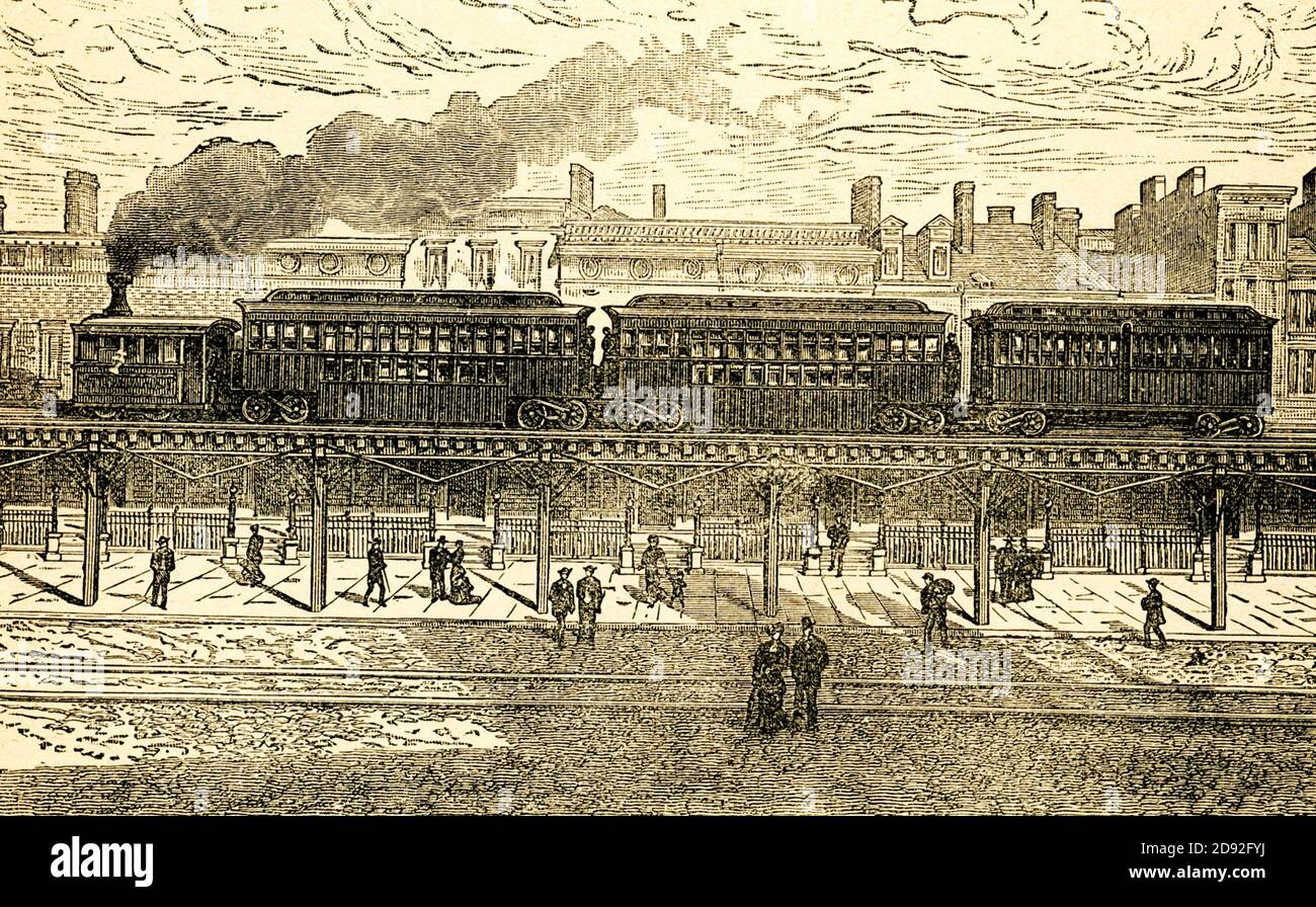 Elevated Railroad in New York. Diese Abbildung stammt aus dem Jahr 1898. Anfang der 1890er Jahre beförderte die Manhattan Elevated Railway Company (die die Hochzüge der Insel kontrollierte) fast 197 Millionen Passagiere pro Jahr, während die Brooklyn-Linien mehr als 30 Millionen Passagiere beförderten. Stockfoto