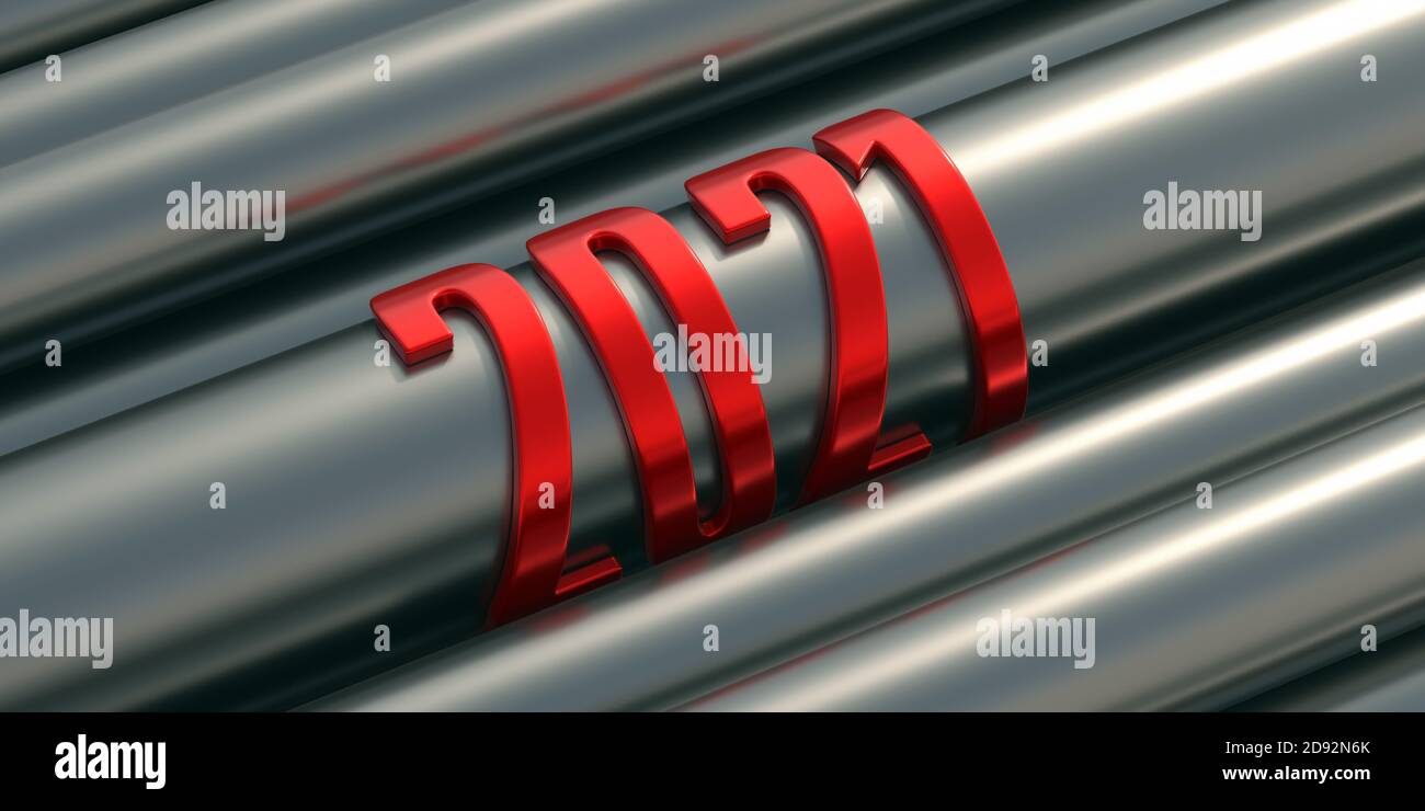 2021 Neujahr, rote Nummer auf Stahlrohrrohren, Hintergrund. Versorgungsunternehmen, Bauindustrie Konzept. 3d-Illustration Stockfoto