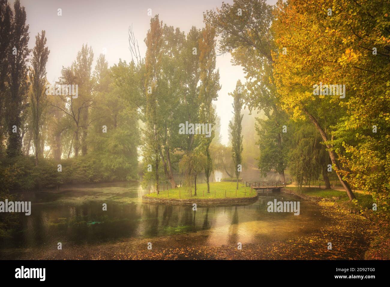 Quelle von Clitunno alten römischen Flussquellen Garten. Nebliger Morgen im Herbst. Perugia, Umbrien, Italien Stockfoto