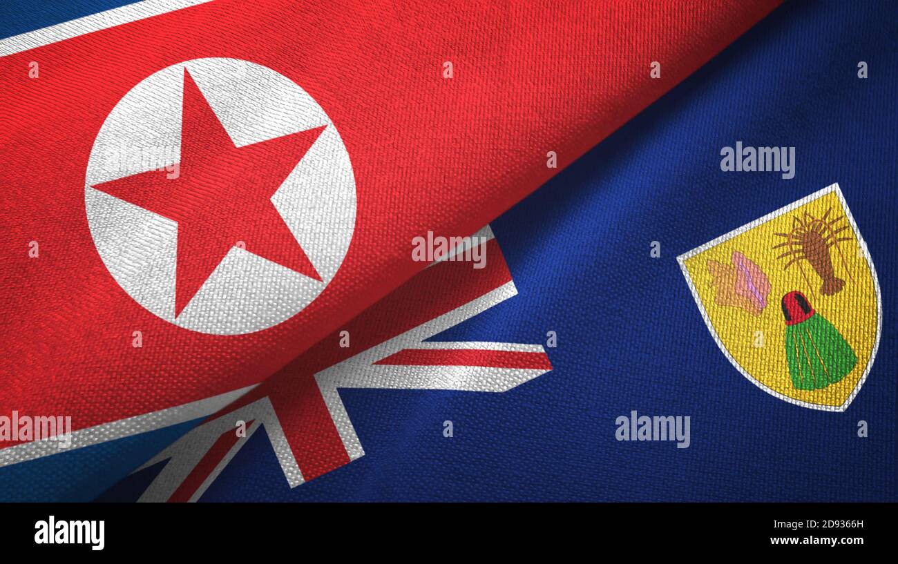 Nordkorea und Turks- und Caicosinseln zwei Flaggen Textiltuch, Stoffstruktur Stockfoto