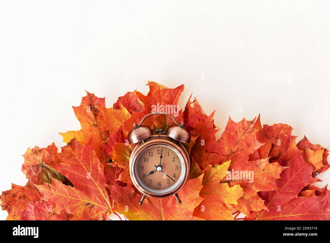 Wecker auf Haufen Herbstblätter auf weißem Hintergrund Stockfoto