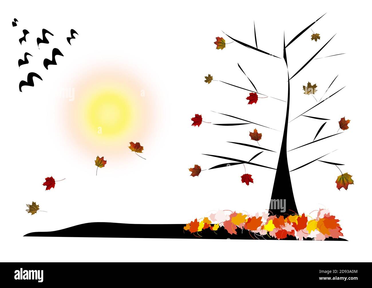 Foto und Zeichnung kombiniert von einem herbstlichen Baum mit Falling Blätter und Vögel gehen Stockfoto