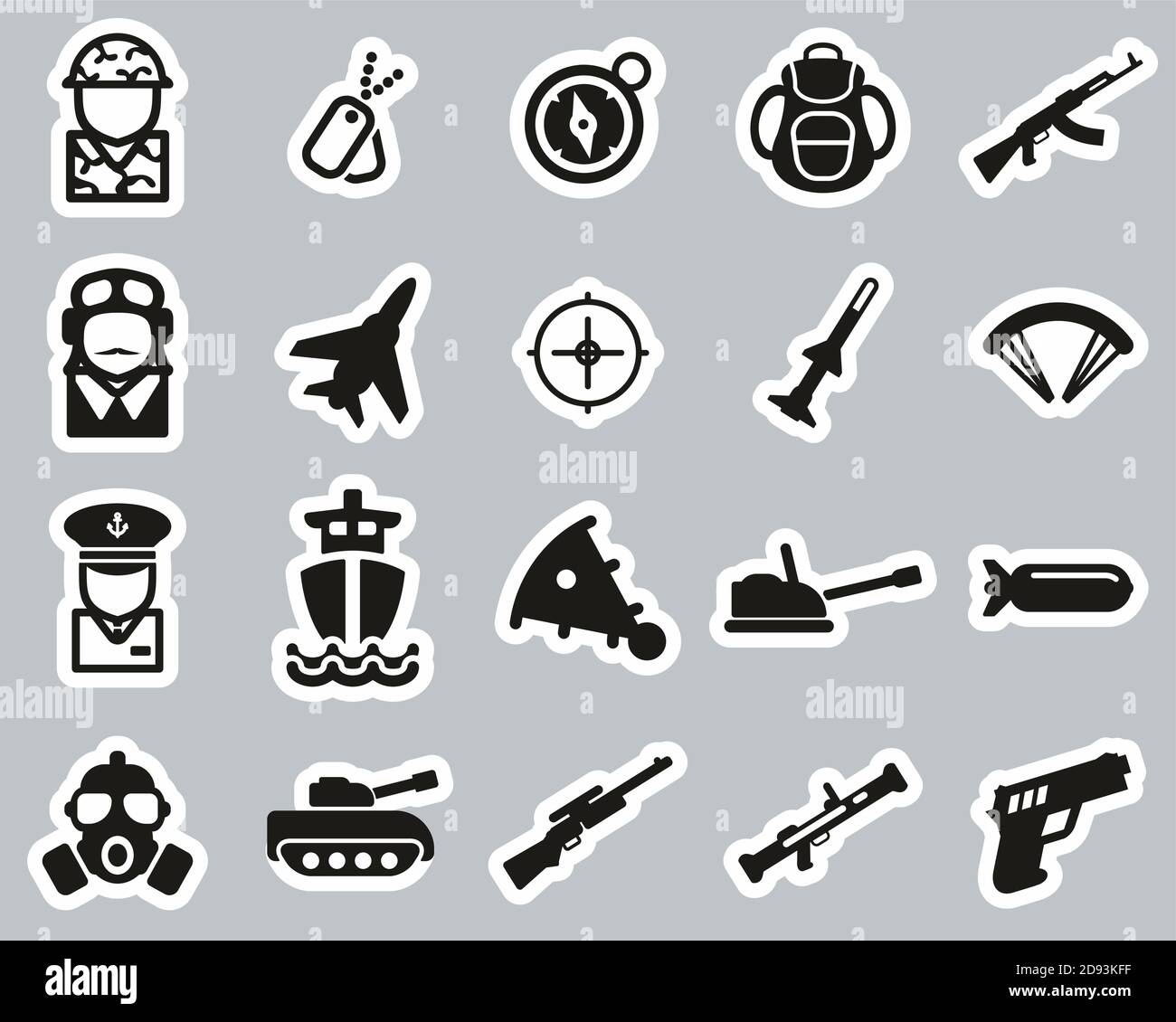 Militär Oder Armee Icons Schwarz & Weiß Sticker Set Groß Stock Vektor