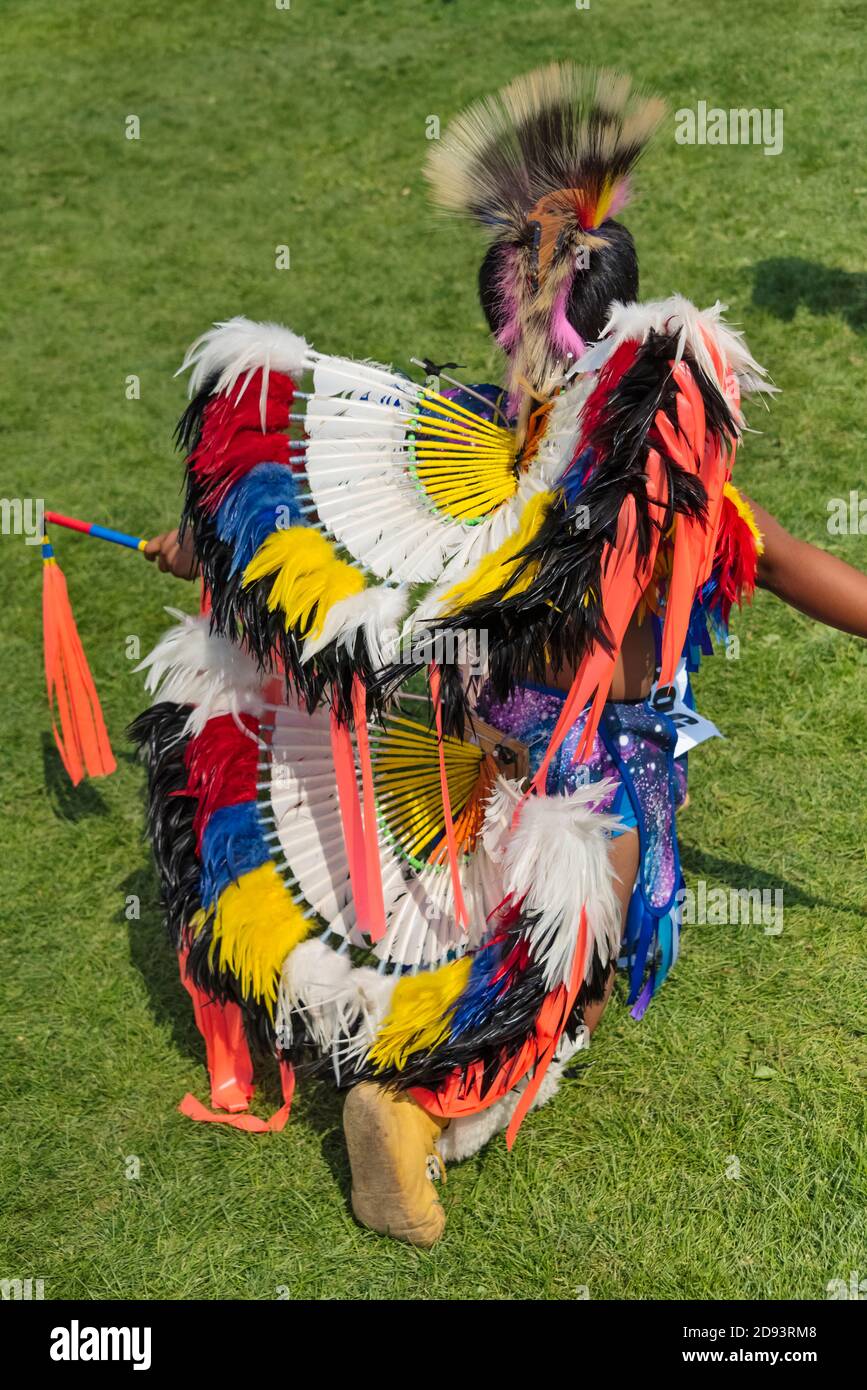 Indianischer Junge in traditioneller Kleidung aus Vogelfedern, Omak, Washington State, USA Stockfoto