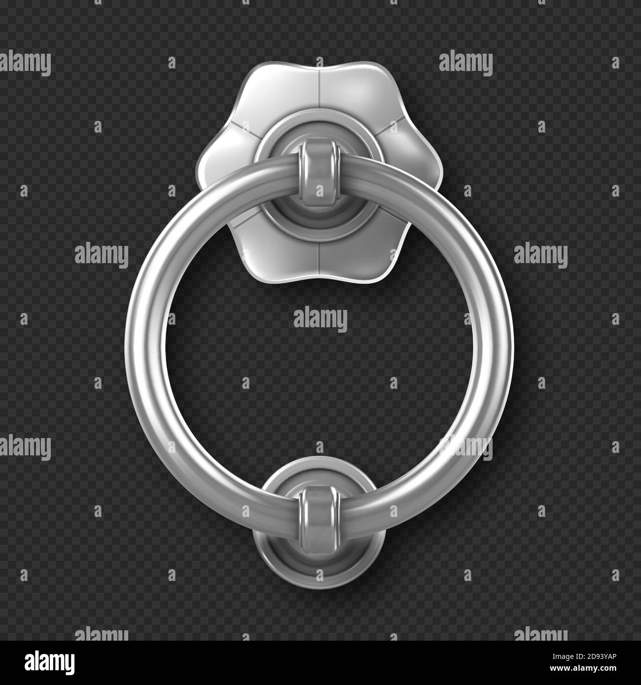Realistischer Türklopfer, silberner Griff, Ring-Knopf, vintage Metall Türknopf, glänzendes Eisen Element für Innen-oder Außenbereich Design isoliert auf transparentem Hintergrund, 3d-Vektor-Illustration, Symbol, Clipart Stock Vektor