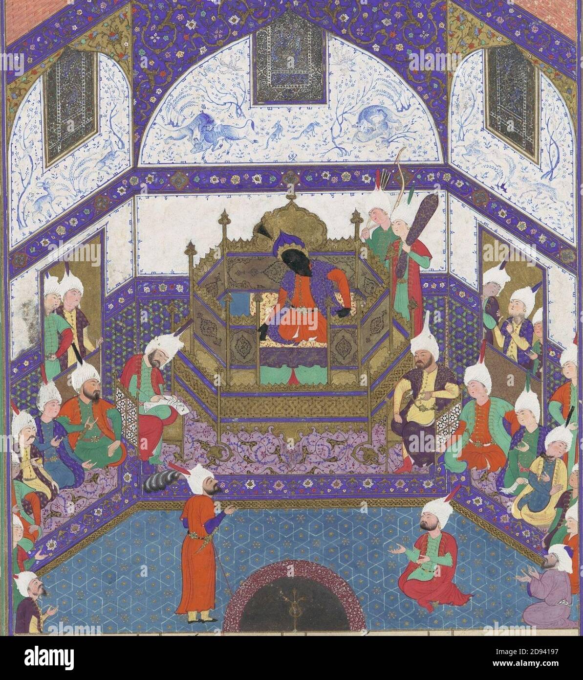 Kai Kavus rüttelt Siyavush in einem Brief, Folio 174r aus dem Shahnama (Buch der Könige) von Schah Tahmasp TRAF DP107200-beschnitten. Stockfoto