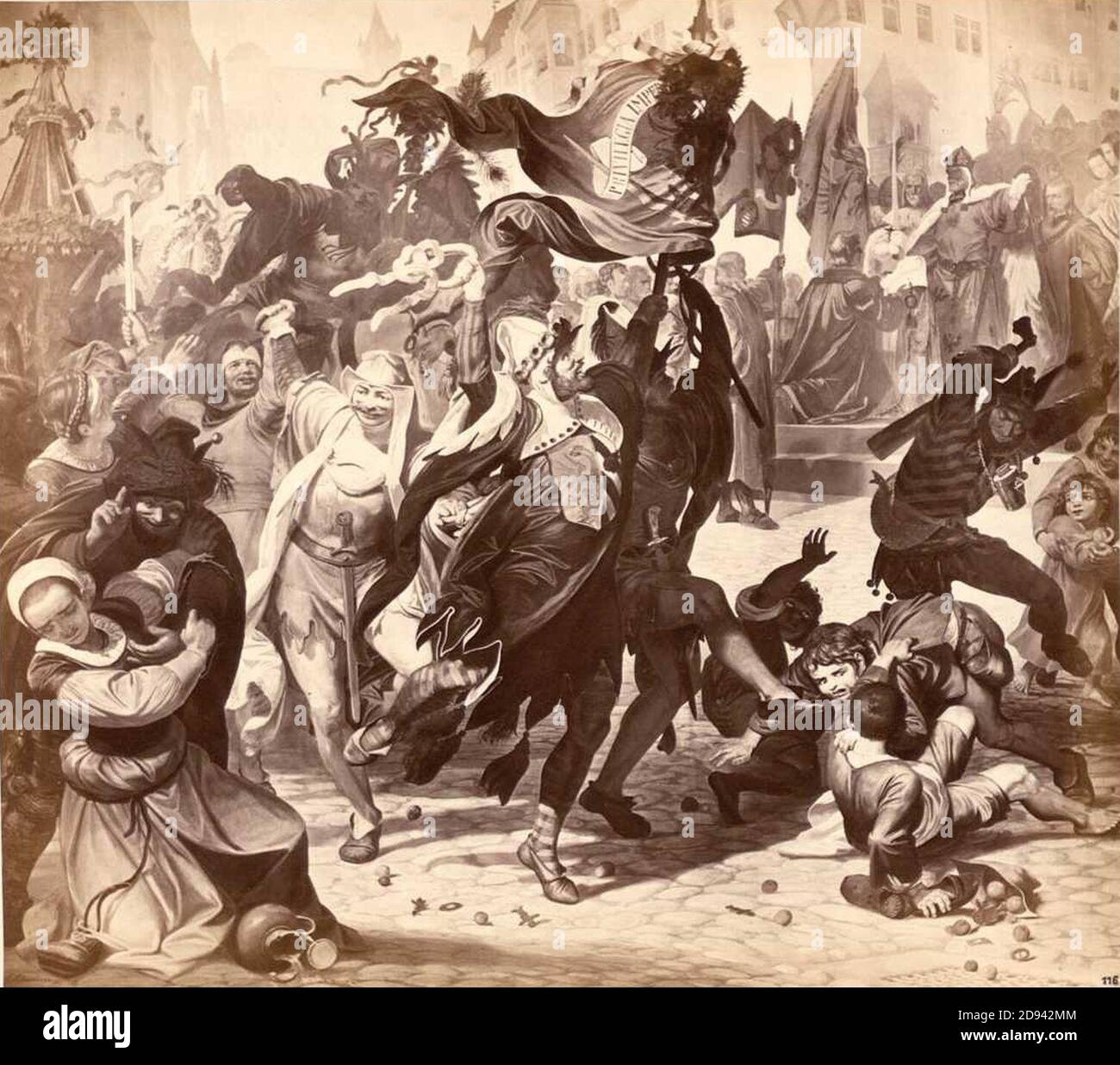 Kaiser Karl IV. Stellt zu Nürnberg die Herrschaft der Geschlechter wieder her und gestattet das Schönbartlaufen 1350. Stockfoto