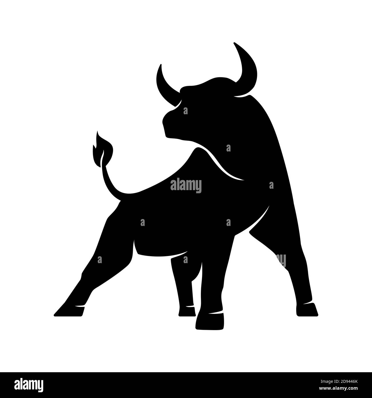 Bull Silhouette, monochromes Logo, Symbol des Jahres im chinesischen Tierkreis Kalender. Vektordarstellung eines stehenden gehörnten Ochsen oder eines schwarzen angus iso Stock Vektor
