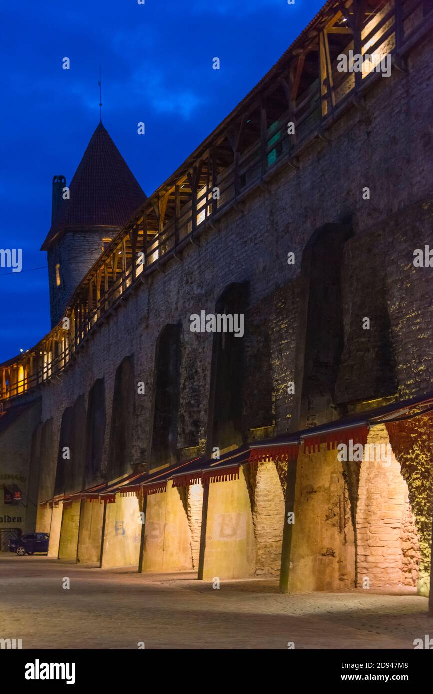 Nachtansicht des mittelalterlichen Turms und der Stadtmauer in der Altstadt, Tallinn, Estland Stockfoto