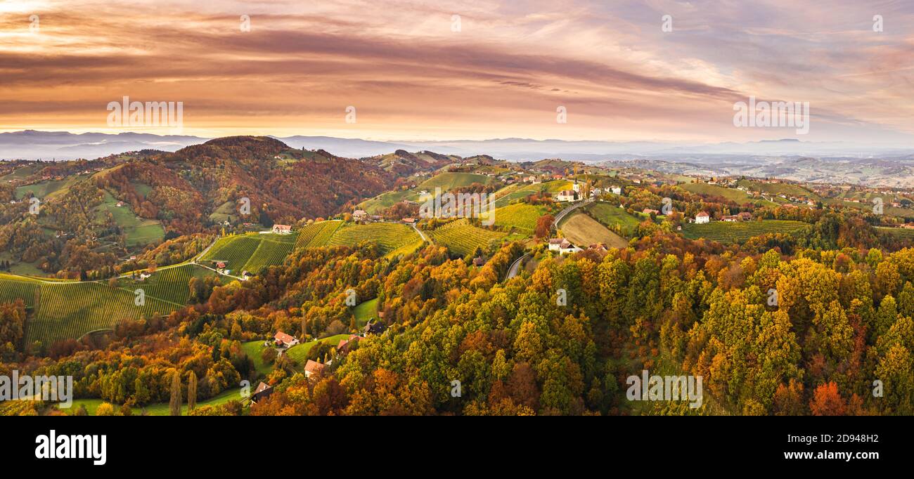 Luftpanorama des Weinbergs auf einer österreichischen Landschaft mit einem kirche im Hintergrund Stockfoto