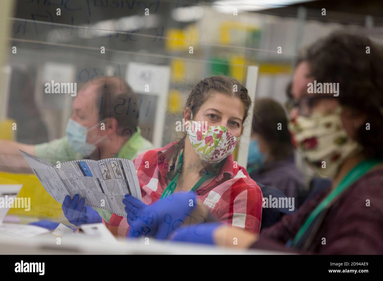 Renton, Washington, USA. November 2020. Wahlhelfer, erschossen durch mehrere Scheiben aus schützendem Plexiglas, öffnen versiegelte Stimmzettel für die Verarbeitung im King County Elections Headquarters. Quelle: Paul Christian Gordon/Alamy Live News Stockfoto