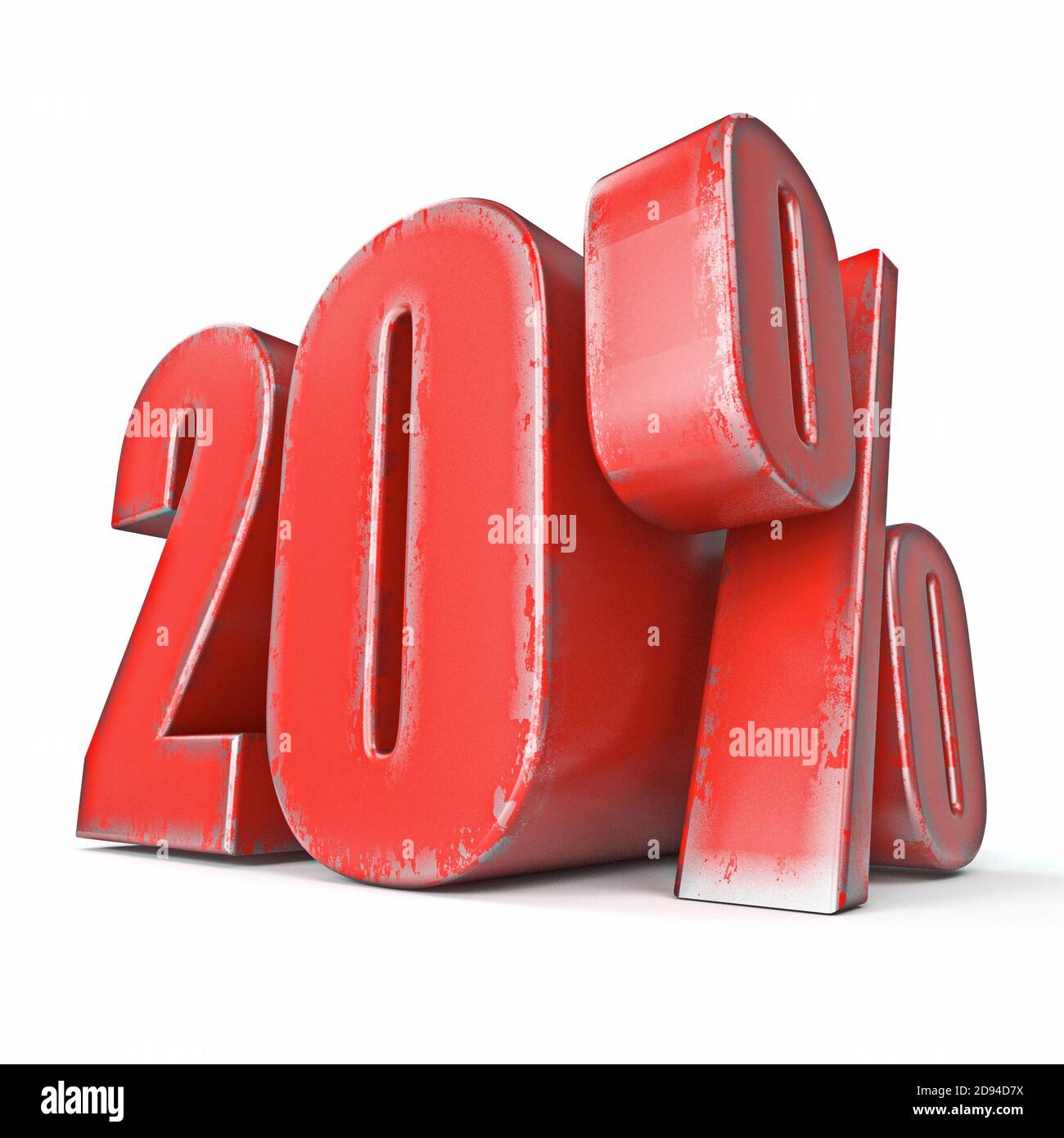 Metall rot gefärbte Grunge 20 Prozent Zeichen 3D Rendering Illustration Isoliert auf weißem Hintergrund Stockfoto