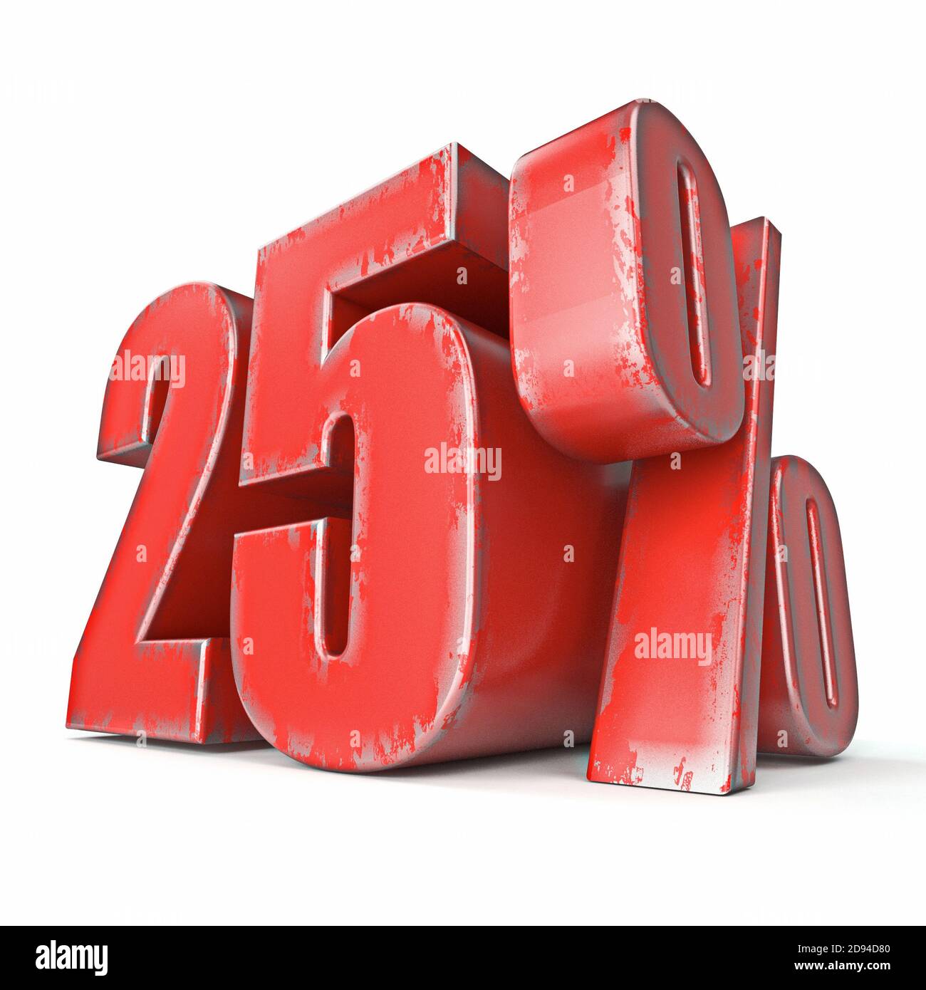 Metall rot gefärbte Grunge 25 Prozent Zeichen 3D Rendering Illustration Isoliert auf weißem Hintergrund Stockfoto