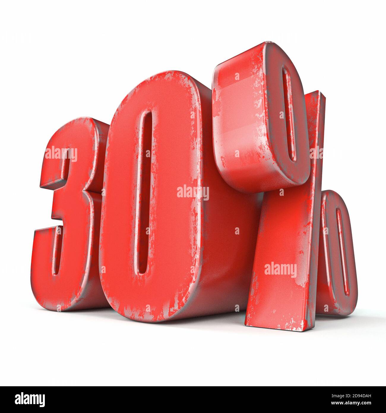 Metall rot gefärbte Grunge 30 Prozent Zeichen 3D Rendering Illustration Isoliert auf weißem Hintergrund Stockfoto