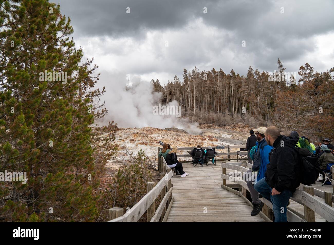 Yellowstone National Park - 28. Juni 2020: Touristen versammeln sich und warten auf den Ausbruch des Steamboat Geysir Stockfoto