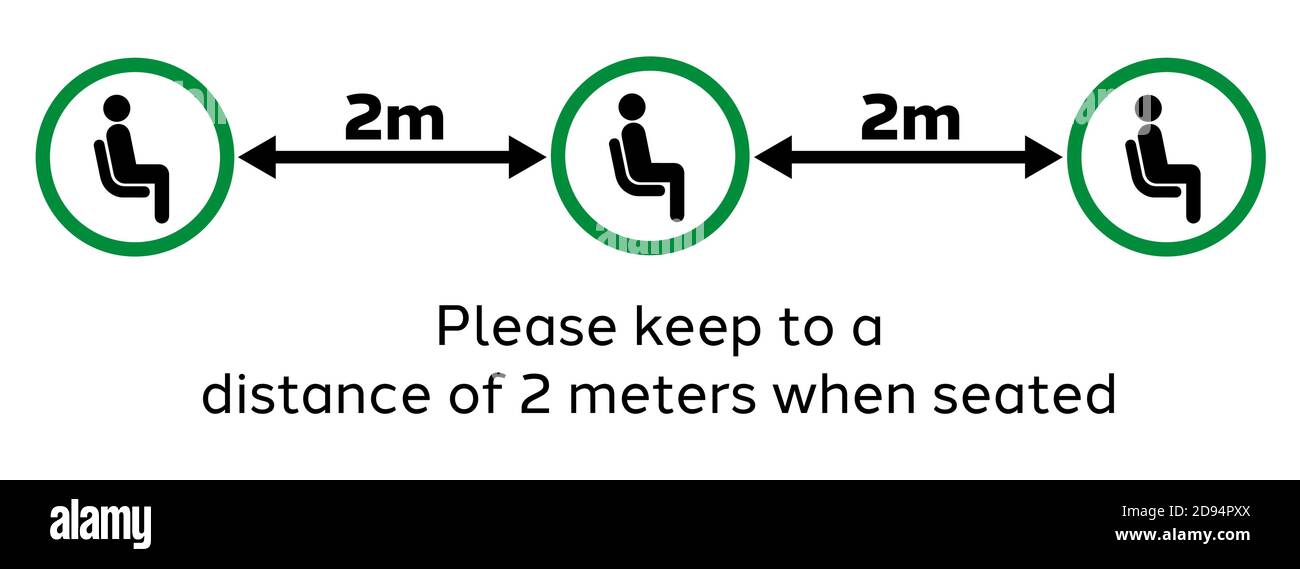 Richtlinien für die Bestuhlung öffentlicher Plätze. Piktogramm, um Menschen zu ermutigen, körperliche oder soziale Abstand von 2 Metern zu halten, um die Ausbreitung von COVID-19 einzudämmen. Stock Vektor