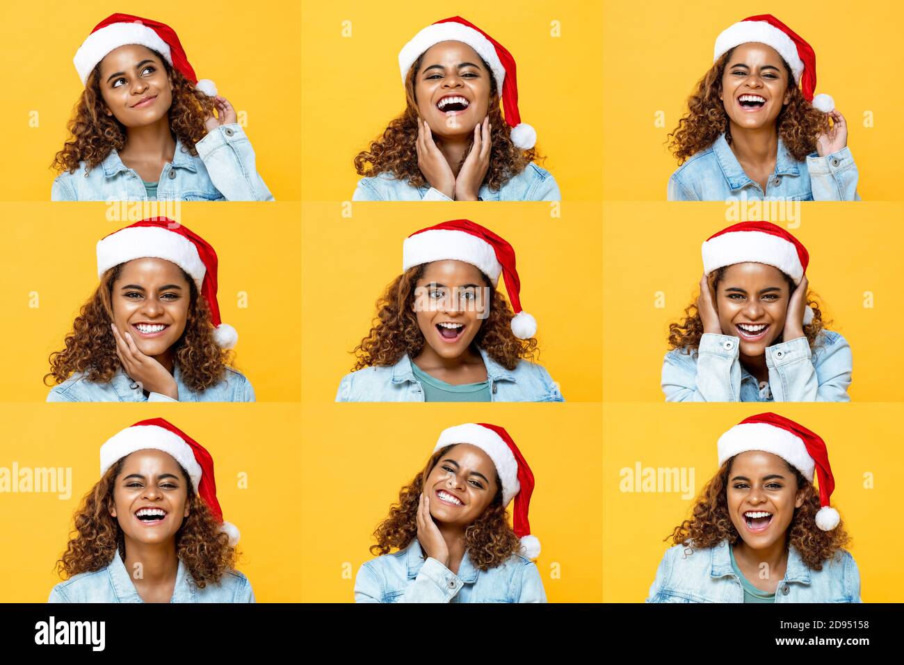 Lächelnde glückliche Frau trägt Weihnachtsmütze auf gelb isolierten Hintergrund, Satz von 9 Schauspielern Kopfschüsse Stockfoto