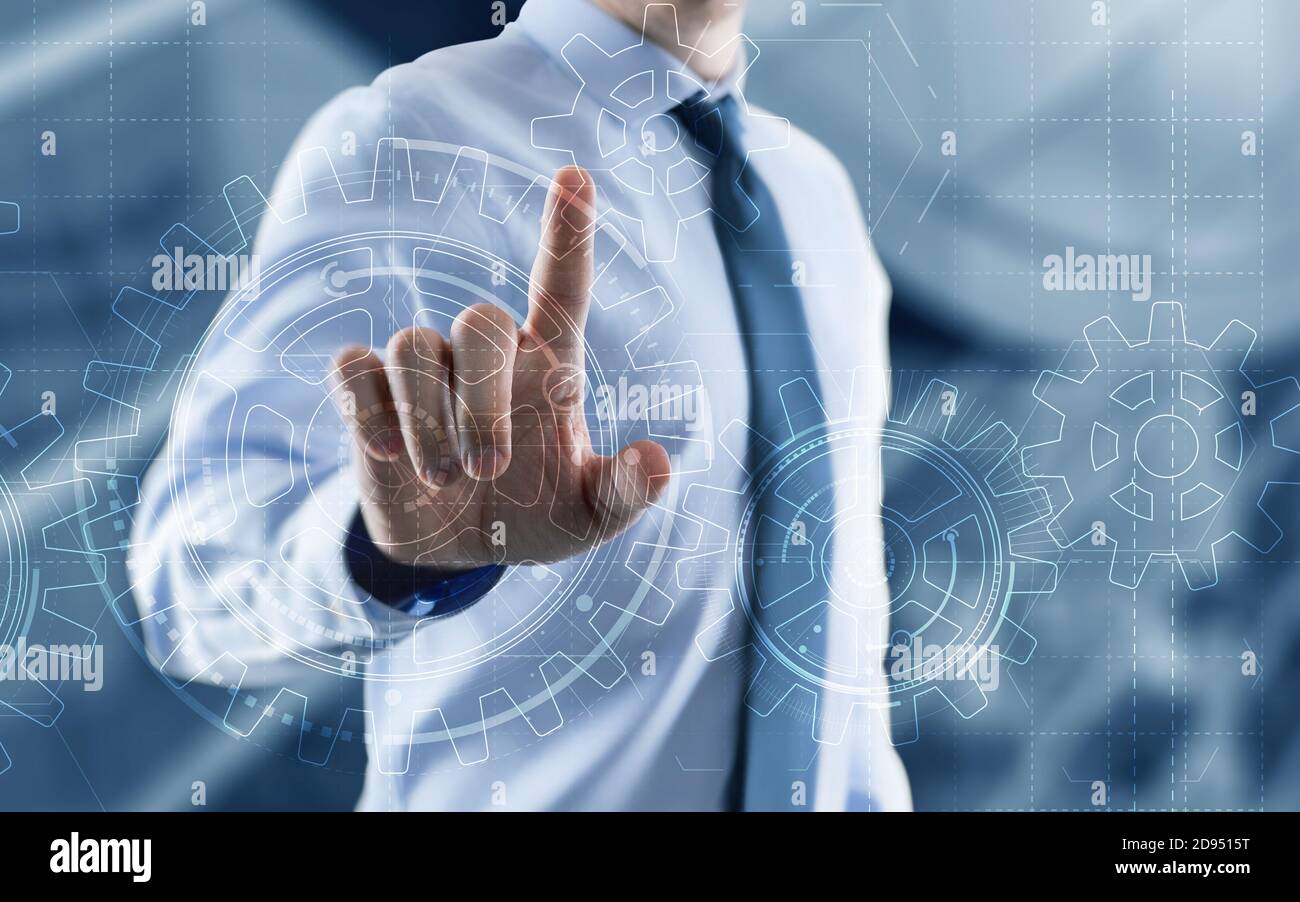 Geschäftsmann Hand zieht Gang zum Erfolg Konzept. 3D Gear Virtual-Bildschirm. Stockfoto