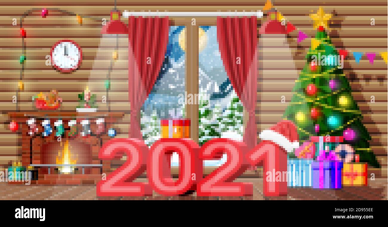 Weihnachtliche Innenausstattung des Zimmers mit Baum, Fenster, Geschenken und dekorierten Kamin. Frohe Dekoration für das neue Jahr. Frohe weihnachten. Neujahr und Weihnachtsfeier. Vektorgrafik flach Stil Stock Vektor