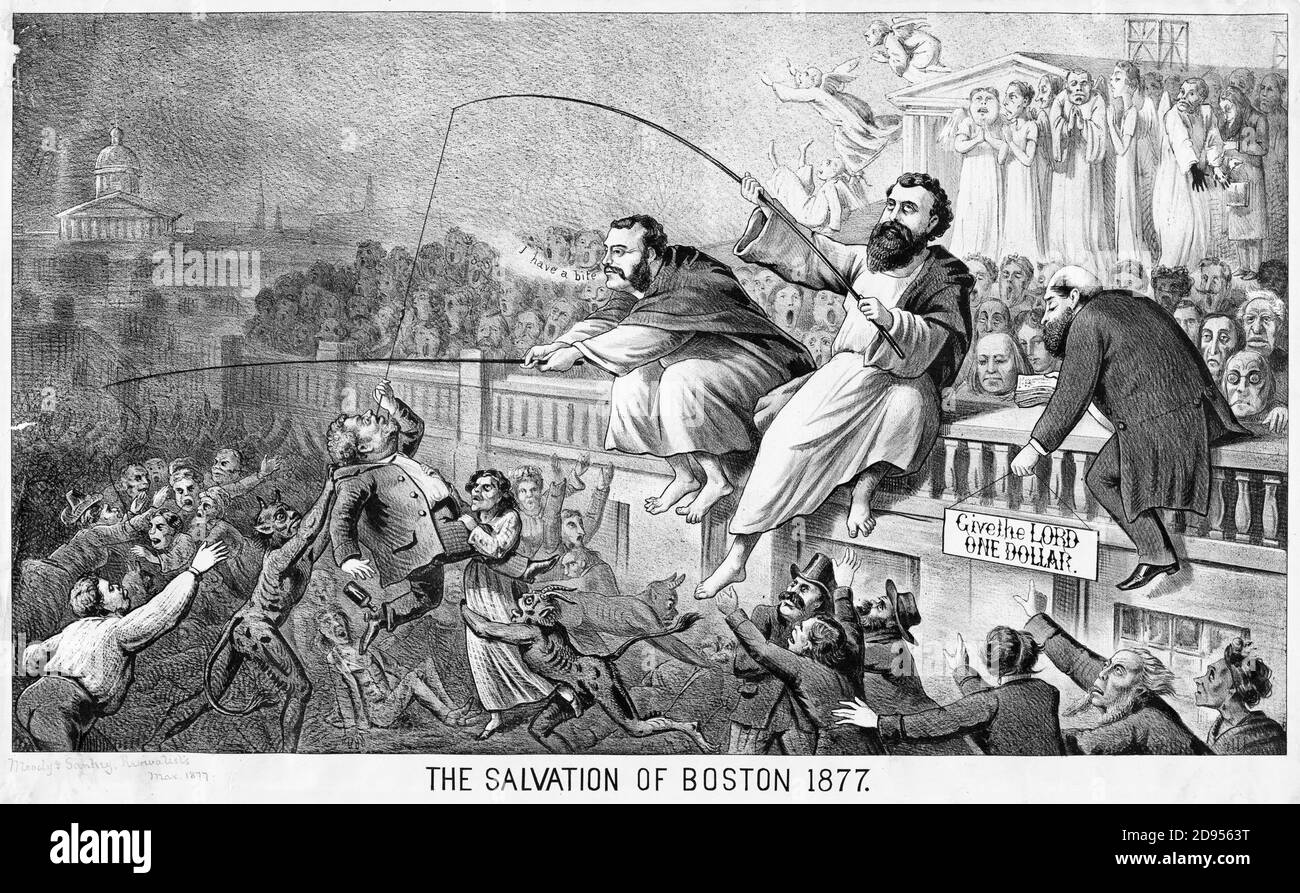 Politische Karikatur spöttisch amerikanischen Evangelisten D. L. Moody und Ira Sankey im März 1877 in Boston. Stockfoto