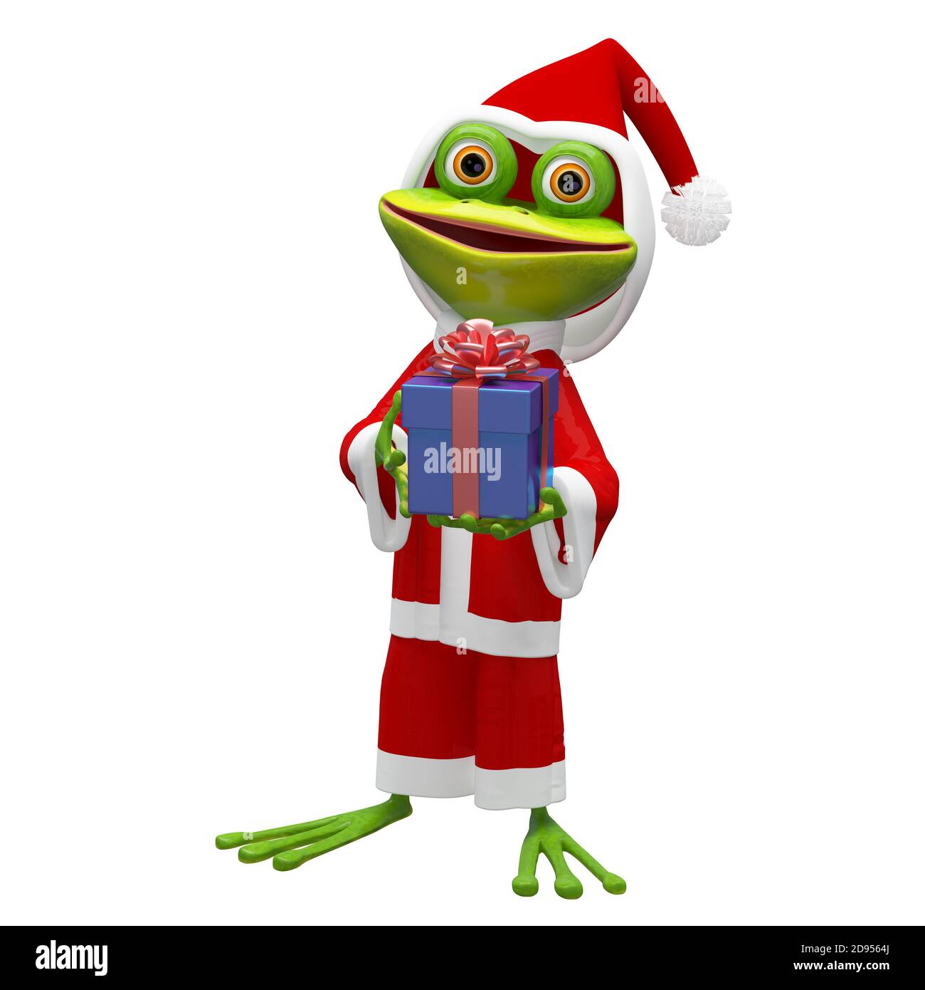 3D-Illustration eines Frosches in einem Weihnachtsanzug Ein weißer Hintergrund Stockfoto