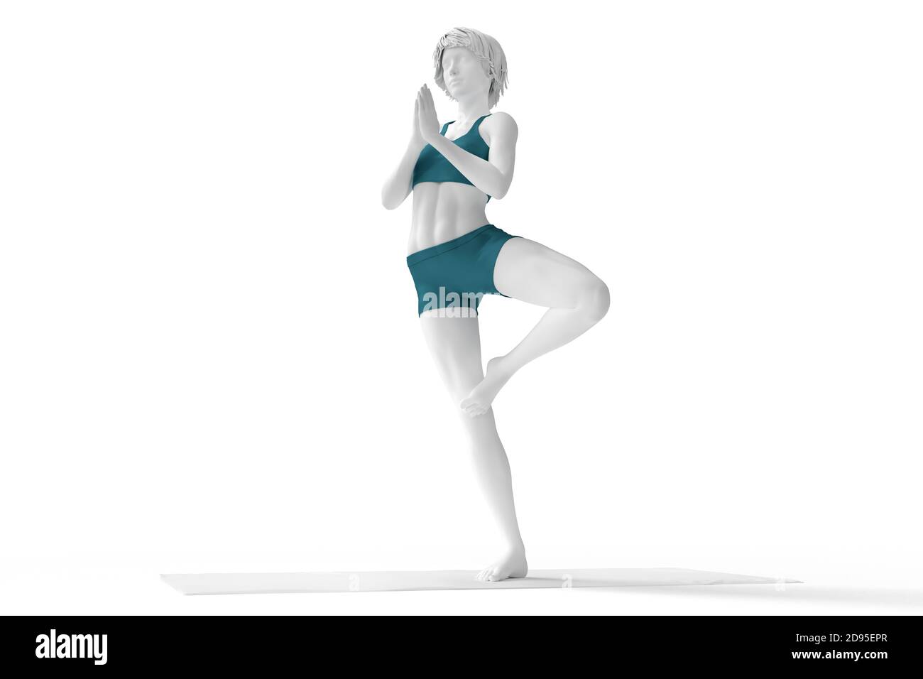 Frau steht in Baumhaltung und meditiert während der Yoga-Sitzung. 3D-Illustration Stockfoto