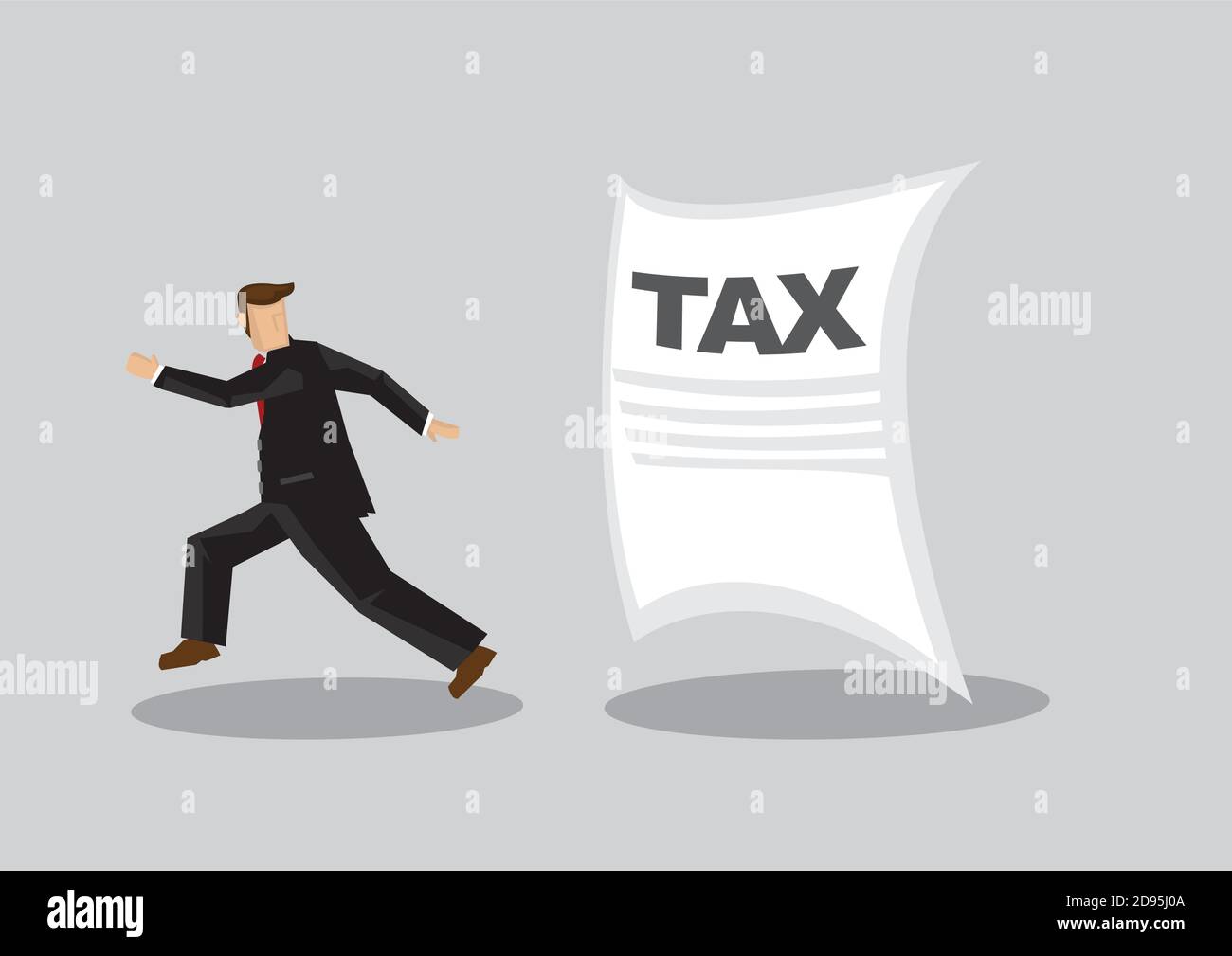 Cartoon Geschäftsmann läuft weg von Steueranzeige hinter ihm jagen. Kreative Vektor-Illustration über das Konzept der Steuerhinterziehung durch Unternehmen isoliert auf Stock Vektor