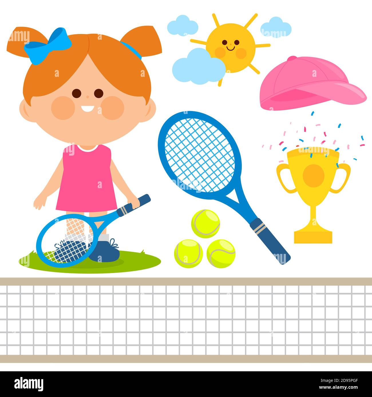 Illustration Sammlung eines Mädchen Tennisspielerin, Tennisplatz Netz, Schläger und Tennisball. Stockfoto