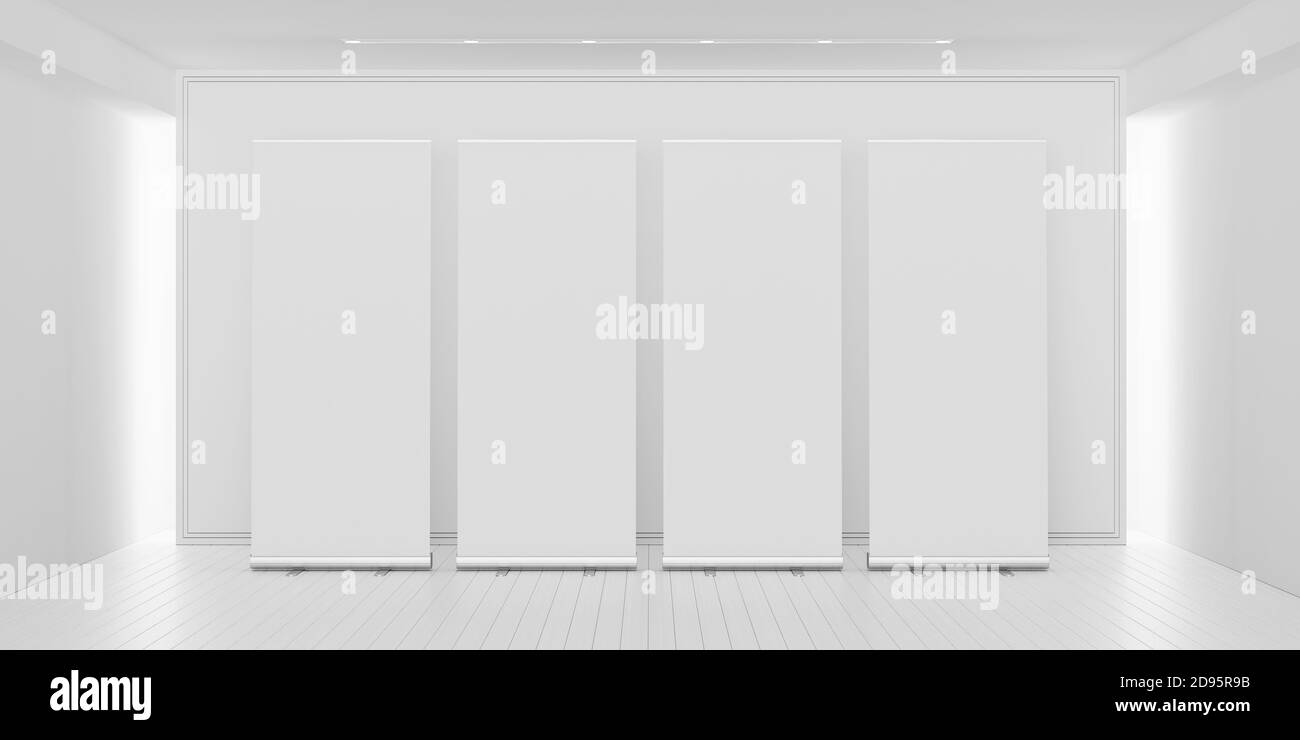 Blank Roll Up Banner Mockups in weißem modernen Raum 3d 3D-Illustration rendern Stockfoto