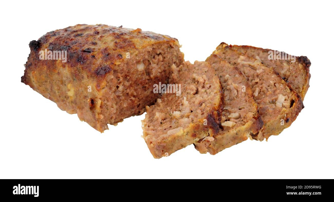 Gebackenes Rindfleisch und Schweinefleisch Hackbraten isoliert auf einem weißen Hintergrund Stockfoto