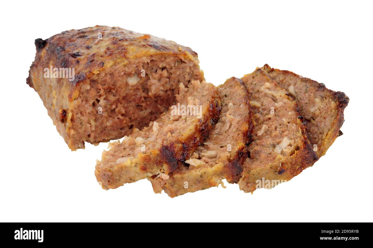 Gebackenes Rindfleisch und Schweinefleisch Hackbraten isoliert auf einem weißen Hintergrund Stockfoto