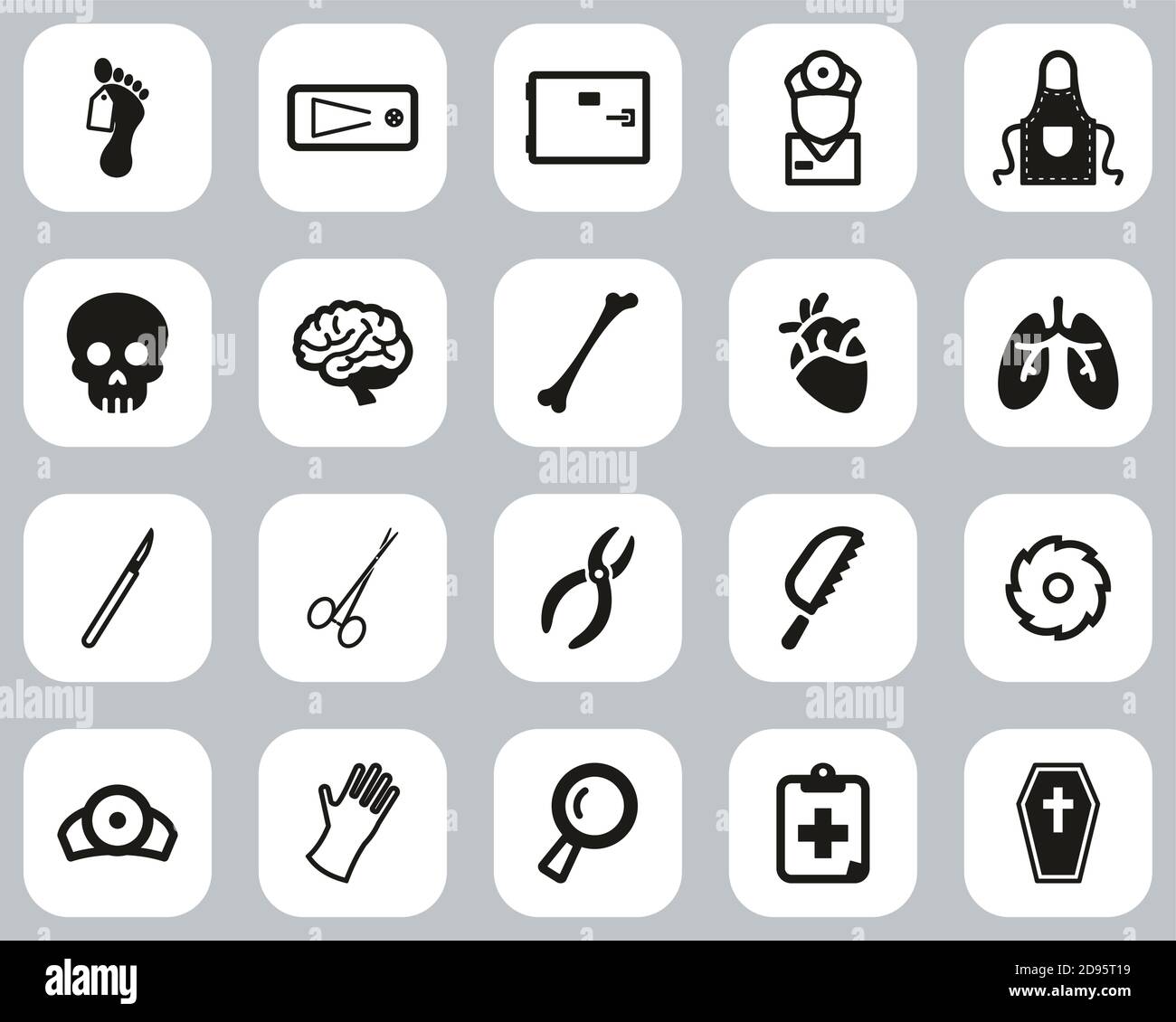 Morgue Oder Coroner Equipment Icons Black & White Flat Design Groß Einstellen Stock Vektor